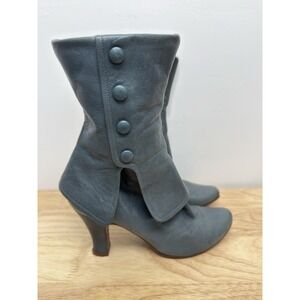 Chie Mihara Teal‎ Blue Leather Button Ankle Boots 36/6  Retro Heeled Booties #48